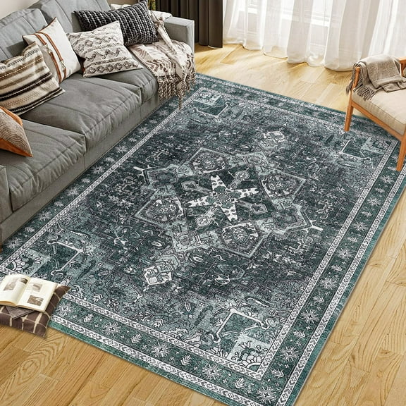 Washable Area Rugs for Living Room 9x12 Neutral Vintage Distressed Floral Boho Soft Floor Rug Indoor Non Slip Carpet for Bedroom Green
