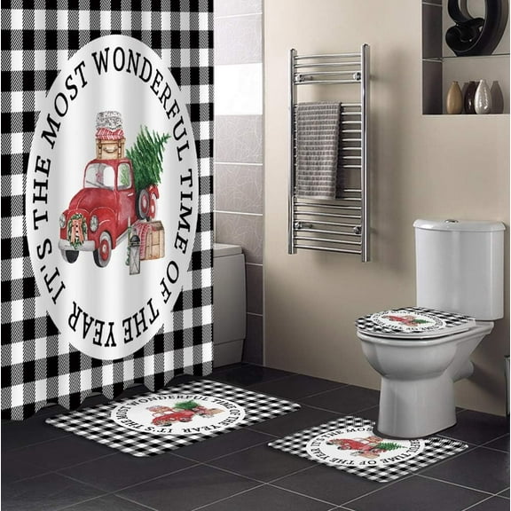 4 Pcs Shower Curtain Sets with Non-Slip Rugs, Toilet Lid Cover, Bath Mat Christmas Car Black It's The Most Wonderful Time of The Year Bathroom Decor Waterproof Shower Curtain with 12 Hooks