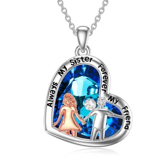 WINNICACA Brother Sister Necklace Sterling Silver Heart Blue Crystal Always My Sisters Forever My Friend Jewelry Birthday Anniversary Valentines Mothers Day Gifts for Women
