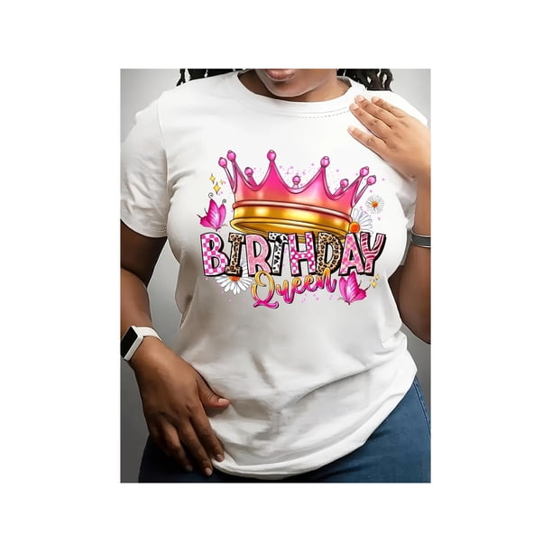 Birthday Queen Cartoon Printed T-Shirt - Casual Crew Neck, Cotton, Spring/Summer, Regular Length, Knit Fabric, 180 g/m2