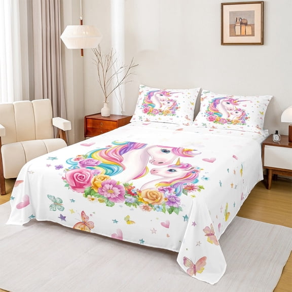 Manfei Magical Unicorn Bed Sheets Set Twin Size, Colorful Rose Flower Bed Sheets Twin, Butterfly Animal Bedding Twin Size, Microfiber Bedroom Decorative, 3pcs
