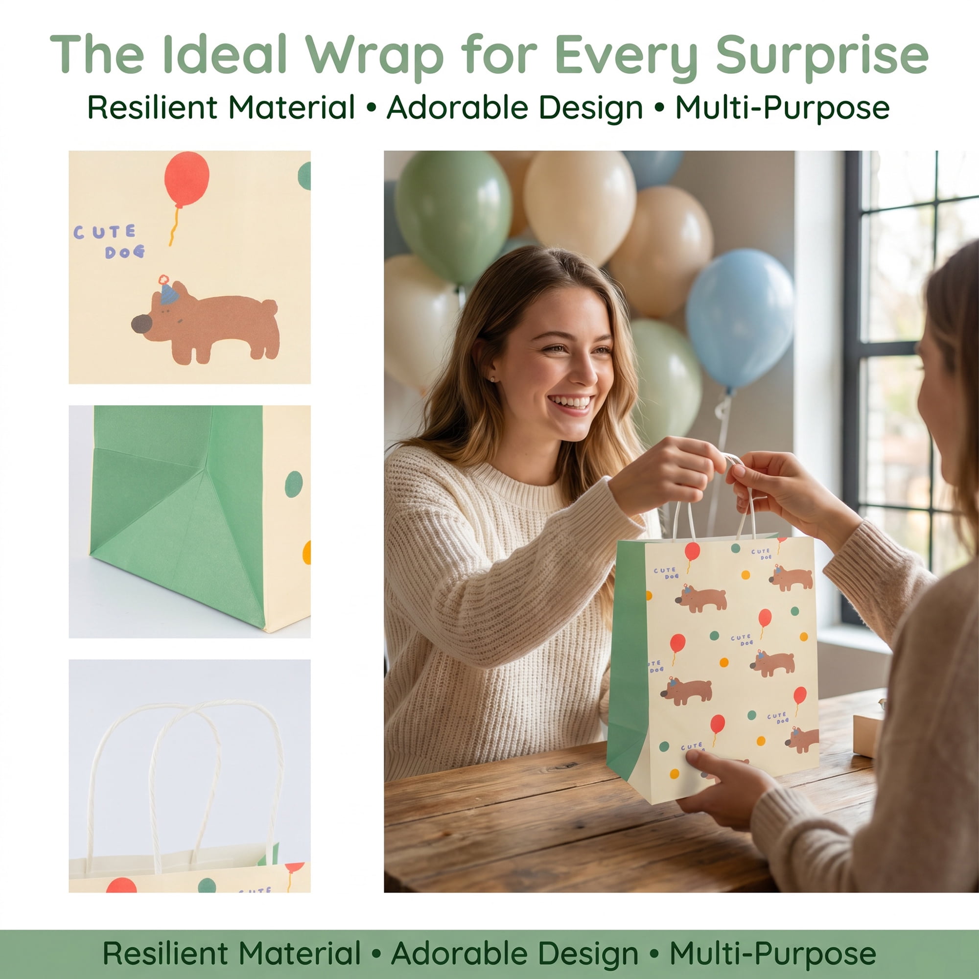 Unique Bargains Cute Playful Cartoon Gift Bags with Handles Green 8.3" x 4.3" x 10.6"