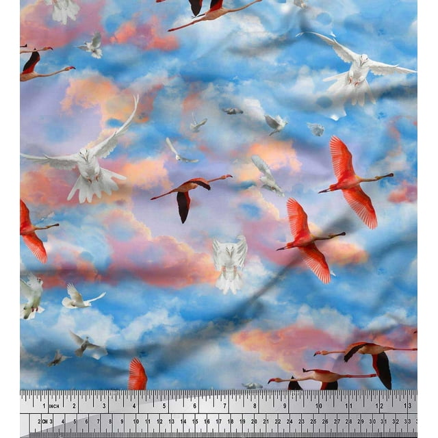 Soimoi Rayon Crepe Fabric Flying Stork & Dove Bird Print Fabric by Yard 46 Inch Wide