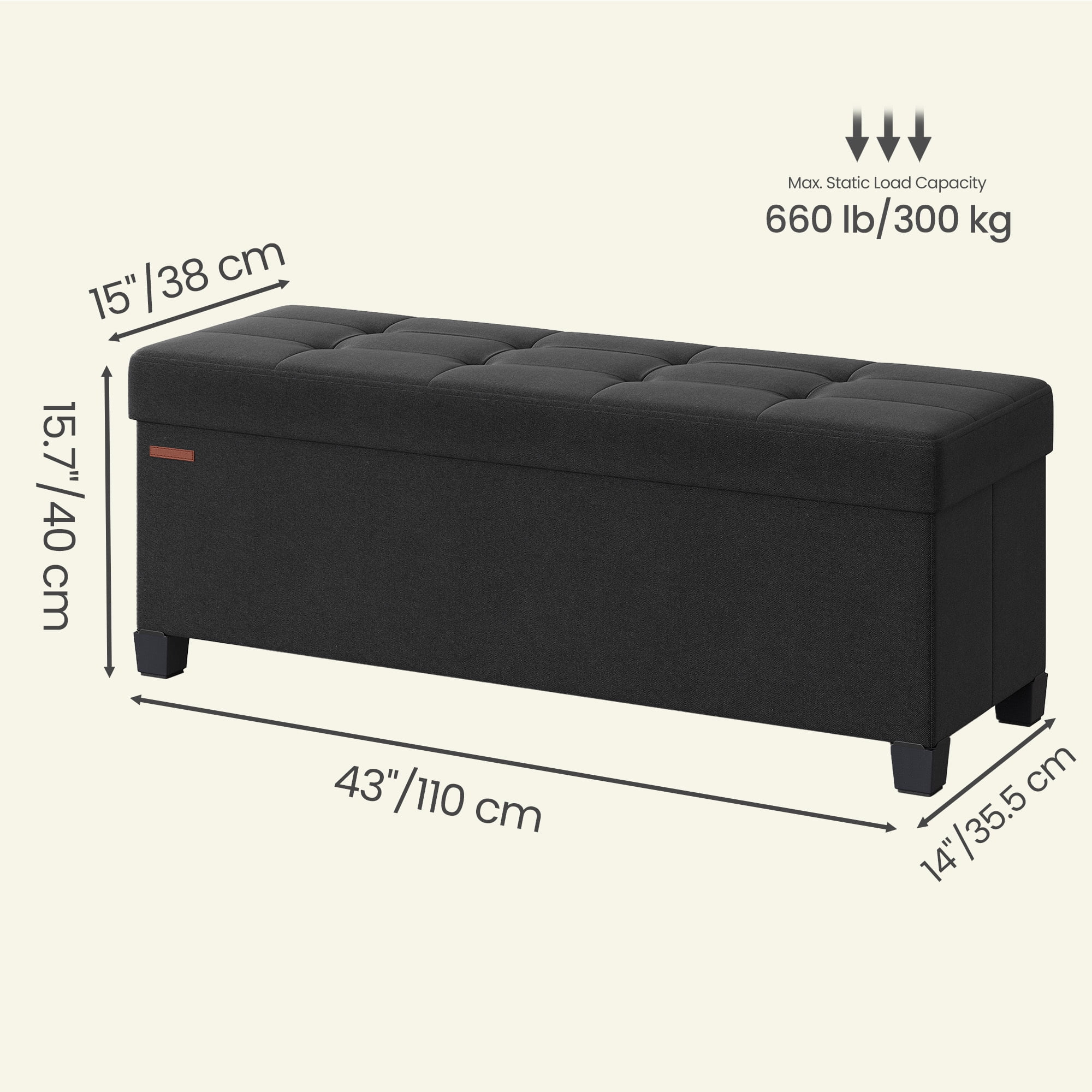 Ledrem Ink Black Folding Storage Ottoman Bench with Footrest, Large