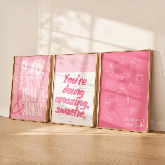 Pink Bathroom Wall Art Bathroom Feminine Bathroom Decor Girls Bathroom Decor Set 3 Unframed Paper Print 8x12