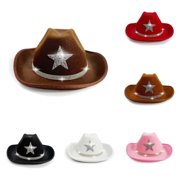 Ticikt Kids Rhinestone Star Western Cowboy Hat, Wide Brim Felt Party Hat for Girls Boys,Coffee