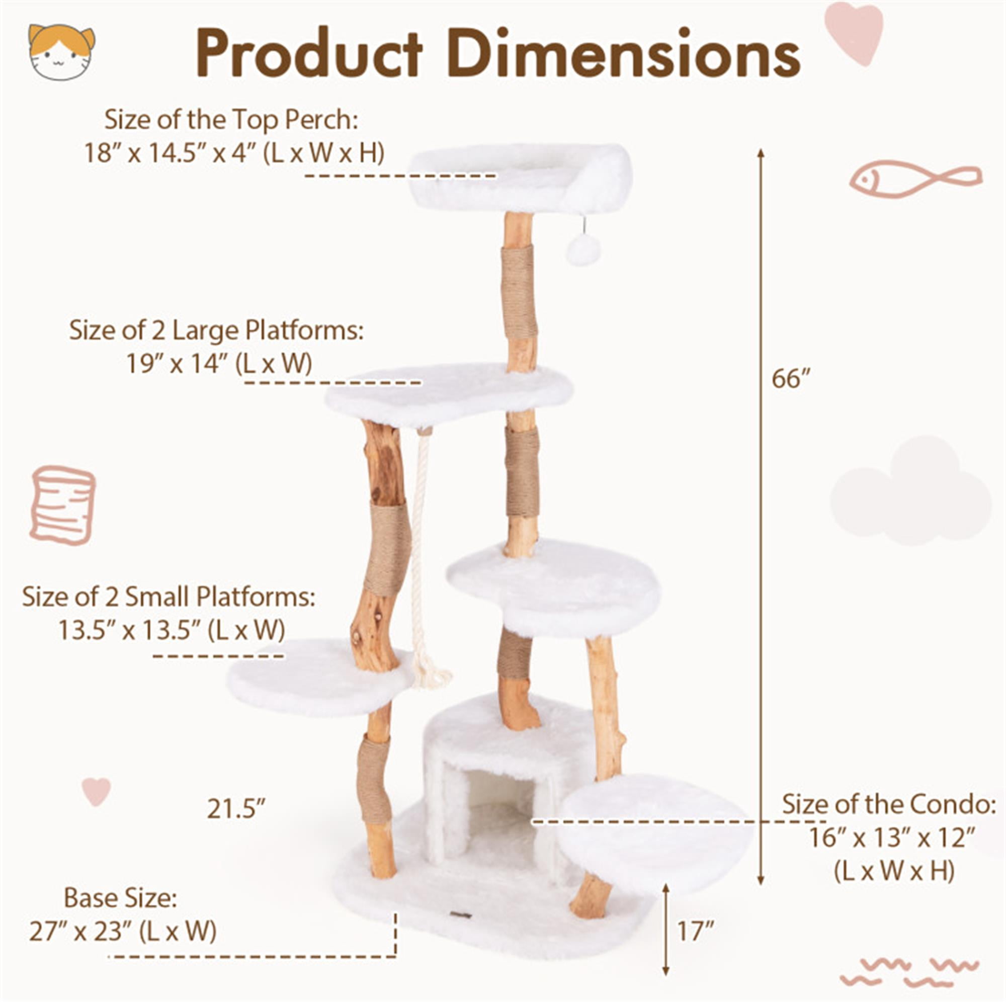 resenkos 66" Modern Cat Tree Tower for Indoor Cats with Perch, Cat Condo, Solid Wood Cat Tree House with Scratching Posts for Large Cats, White