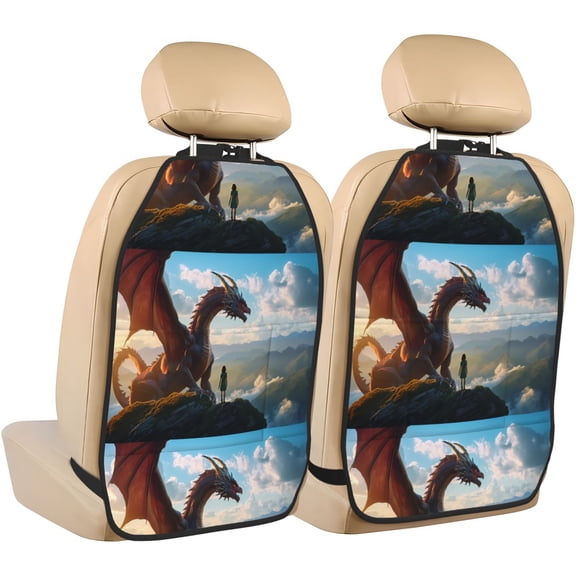 Xecao Clear Sky Mountain Red Dragon Pattern Car Seat Back Protector 2 Pack Large Capacity Pocket, Kick Mats Back Seat Protector