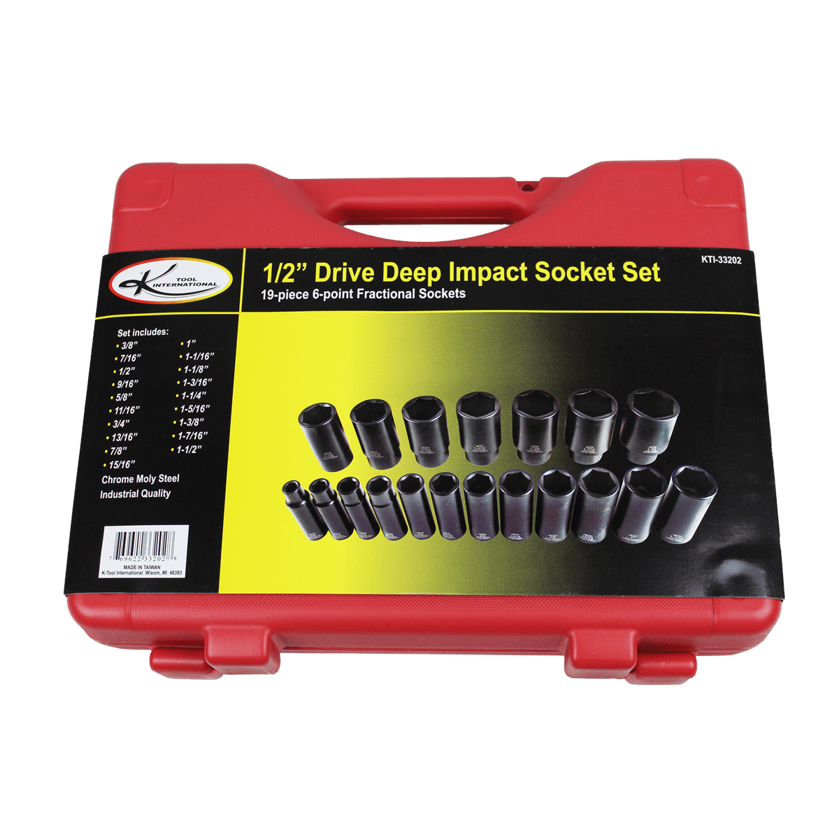 K-Tool 33202 1/2" Drive SAE Deep Impact Socket Set 19pc, Heat Treated Steel