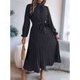 thumbnail image 5 of Women'S Long Sleeve Pleated Dress Casual Semi Formal Church Dress Mock Neck A Line Flowy Midi Dresses with Belt, 5 of 8