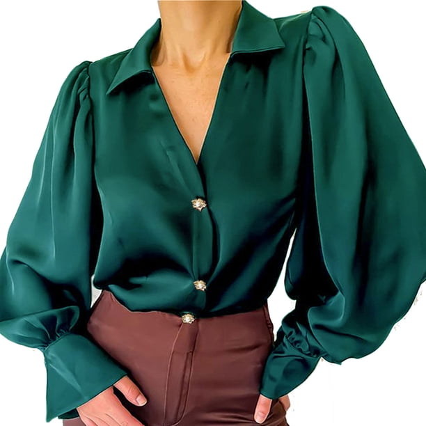 Tops de Mujer Blusas de Manga Larga Camisa de Color Sólido Con Manga de Farol de Satén Suelta Informal Odeerbi ODB186939