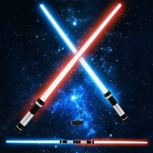 POINTERTECK 2pcs 19.6” LED Lightsaber with Connector 2-In-1 Retractable Glow Sword Light with 7 Color Changing Battery Operated Light Swords Luminous Saber Toy for Kids Gift (with Light w