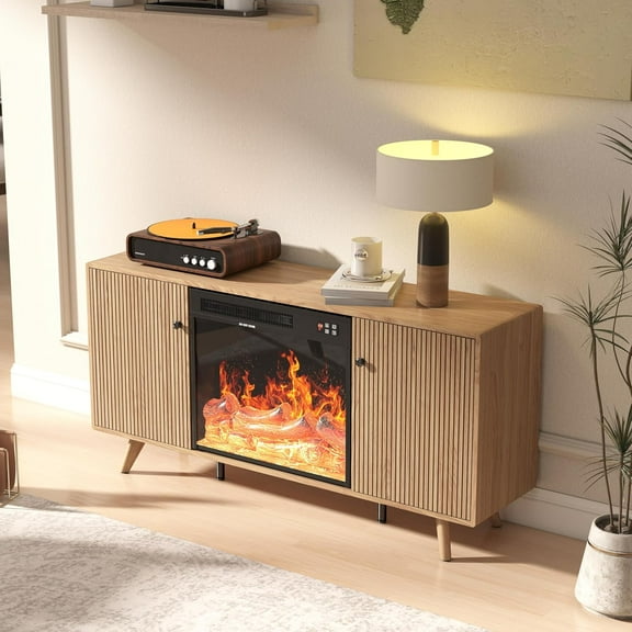 Manora Modern 54" Electric Fireplace TV Stand with Fluted Doors, Mid-Century Entertainment Center with Storage Cabinets for Living Room, Fits TVs up to 60", Oak Finish