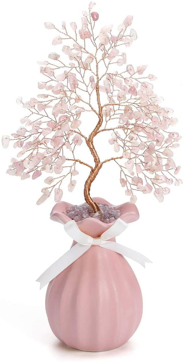 Rose Quartz Gemstone Sun Catcher Bonsai Tree of Life with Crystal Ball,Feng Shui 