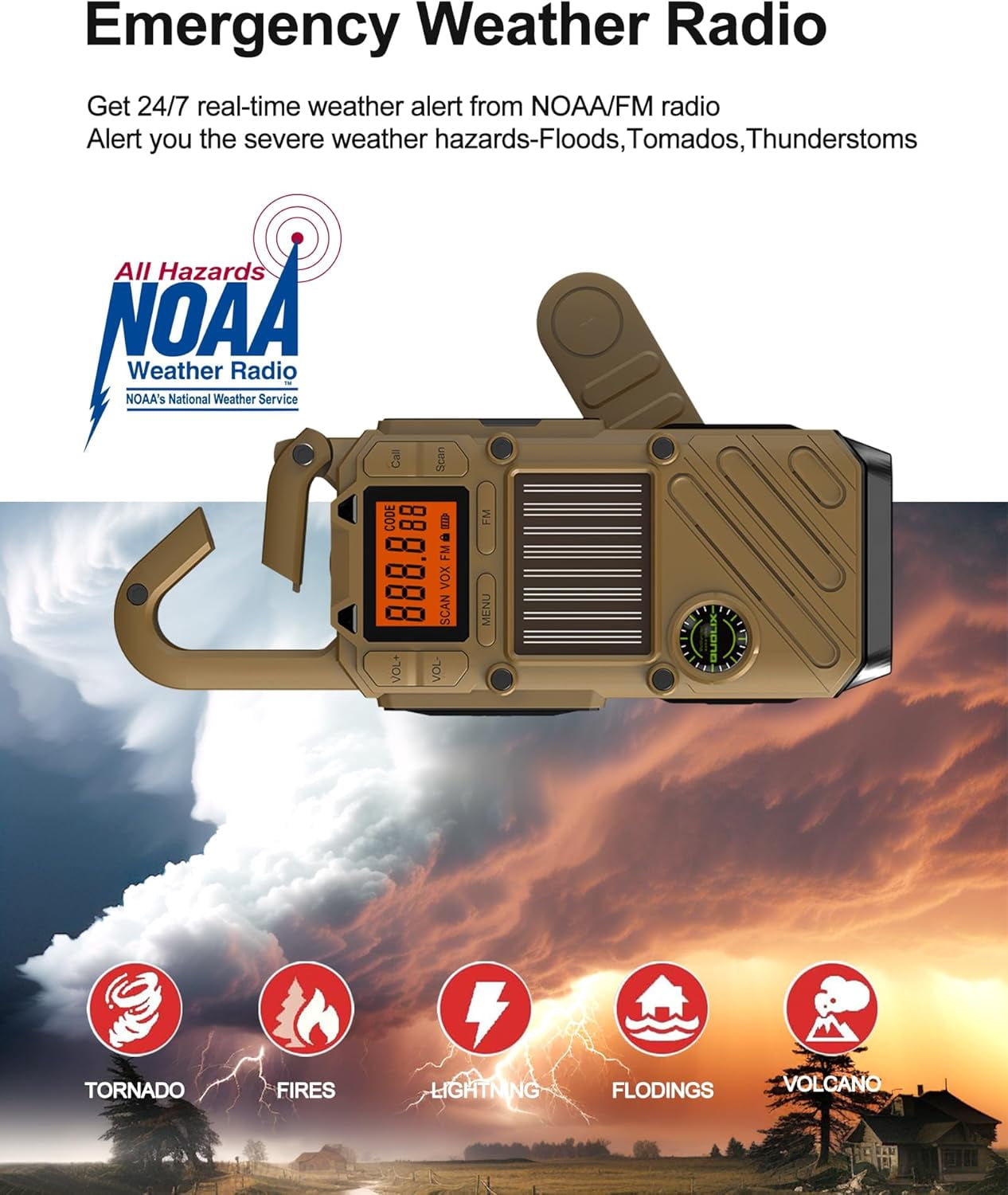 Emergency Weather Radio Walkie Talkies for Adults - NOAA/FM Weather Alert with Solar Hand Crank & USB Charging, 22-Channel Range 3 Miles Two-Way Radios, LED Flashlight & SOS Alarm
