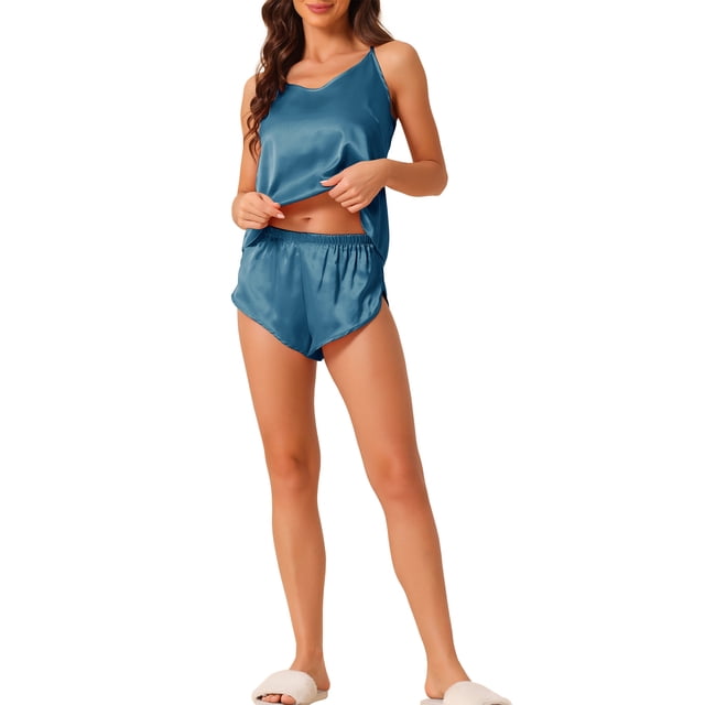 Pijamas de satén para mujer INSPIRE CHIC, camisón sin mangas, ropa de dormir con pantalones cortos, conjunto de lounge de seda XL azul