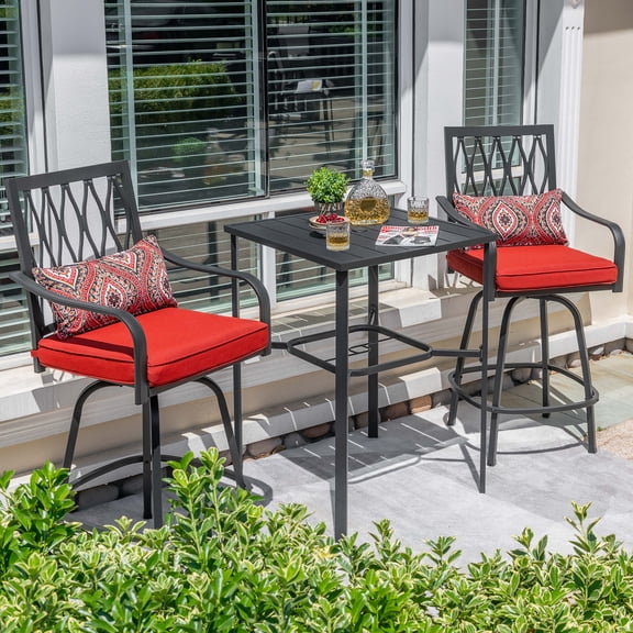 Nuu Garden Outdoor Swivel Bar Stool Dining Set of 3, 2 Patio High-back Chairs with Padded Cushions and Extra Pillows & 1 Bistro Bar Table with Umbrella Hole, Black & Red