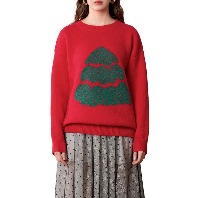 TheFound Women's Christmas Tree Sweaters Drop Shoulder Long Sleeve Round Neck Ribbed Loose Knitted Tops