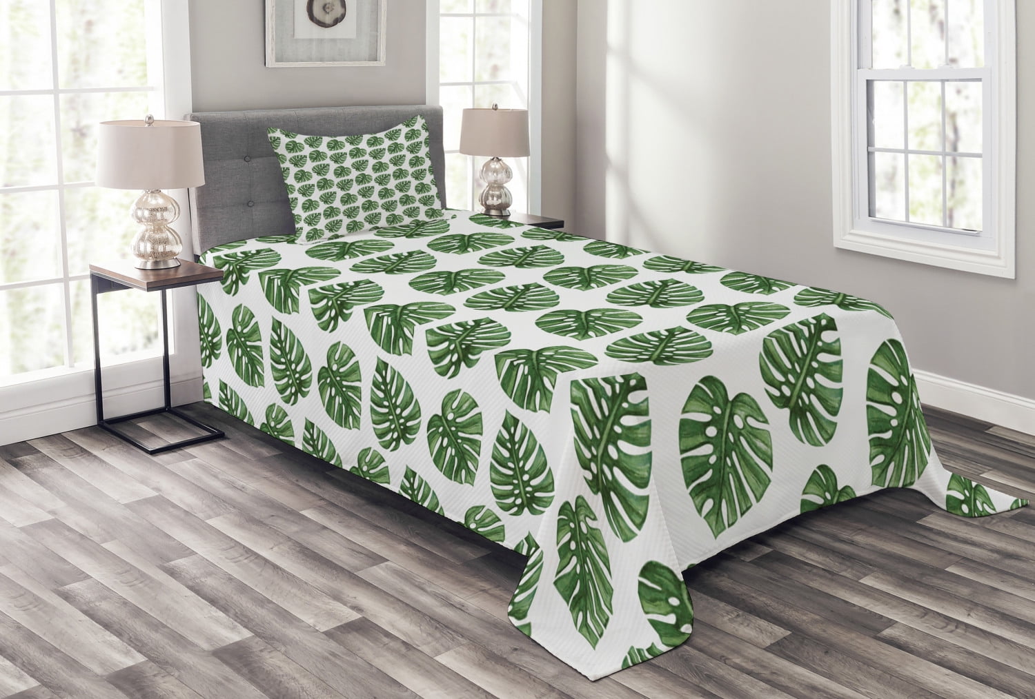 Green Leaf Bedspread Set, Tropical Jungle Leaves Palm Trees of Hawaii
