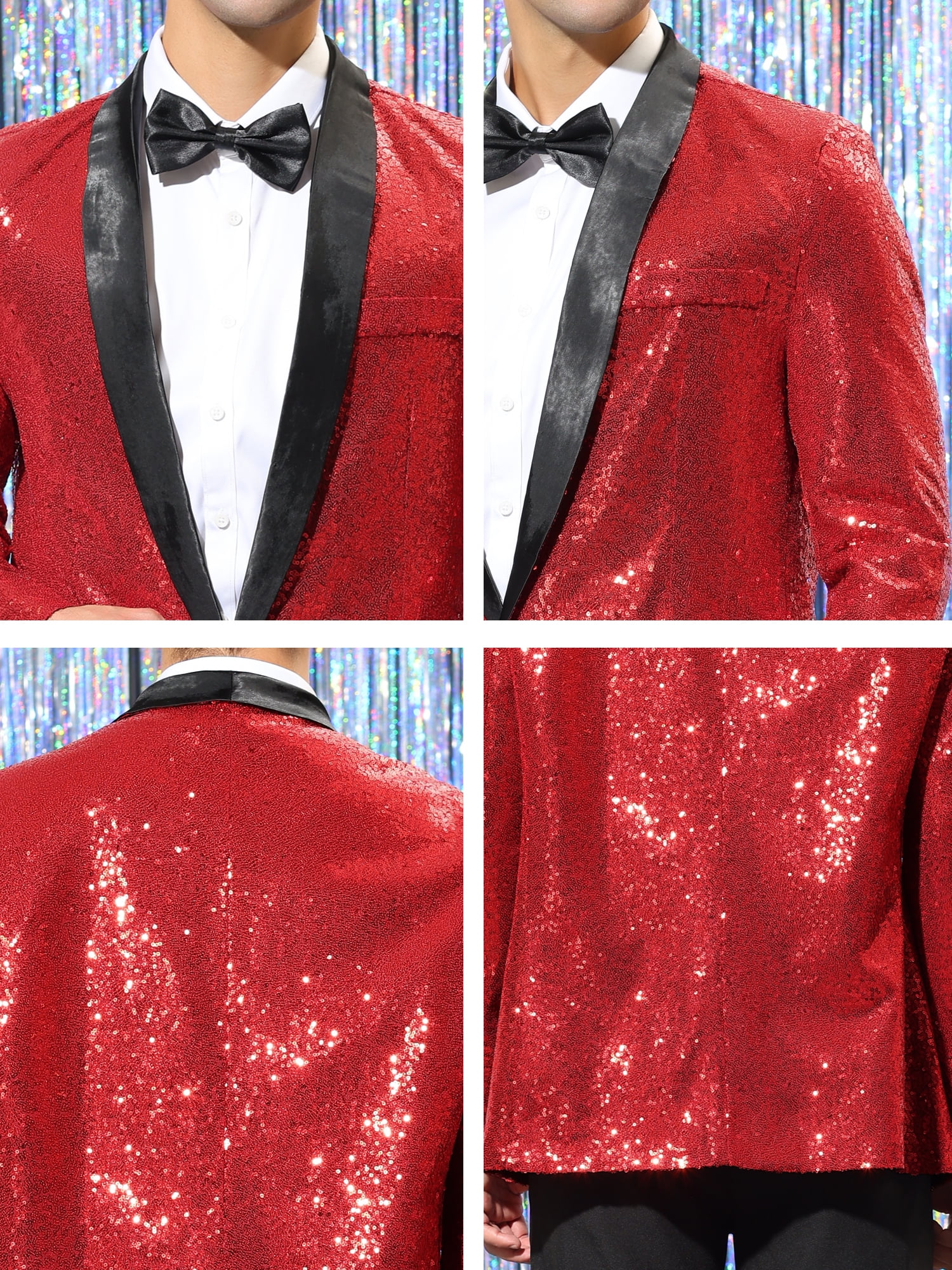 Unique Bargains Men's Sequin Sport Coats Shawl Lapel One Button Wedding Shiny Blazer S Burgundy