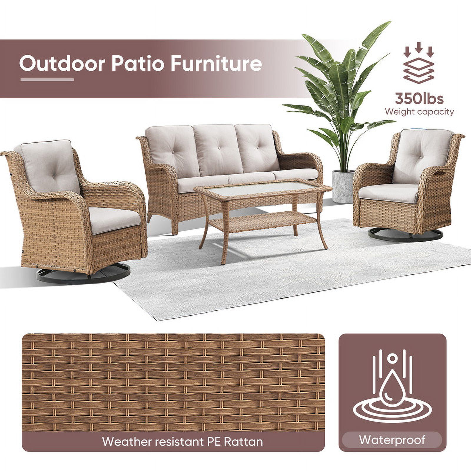 PARKWELL 4 Pieces Outdoor Patio Furniture Set Wicker Rattan Swivel Glider Chairs Cushioned Sofa Coffee Table All-Weather Conversation Sectional with Anti-Slip Cushions for Balcony