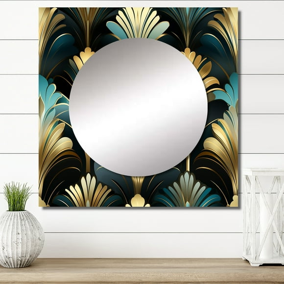 Designart "Opulent Emerald Deco I" 0 Square Mirror Wall Decor Bohemian - Large Gold Square Bathroom Mirror - Square Printed Wall Mirror Art