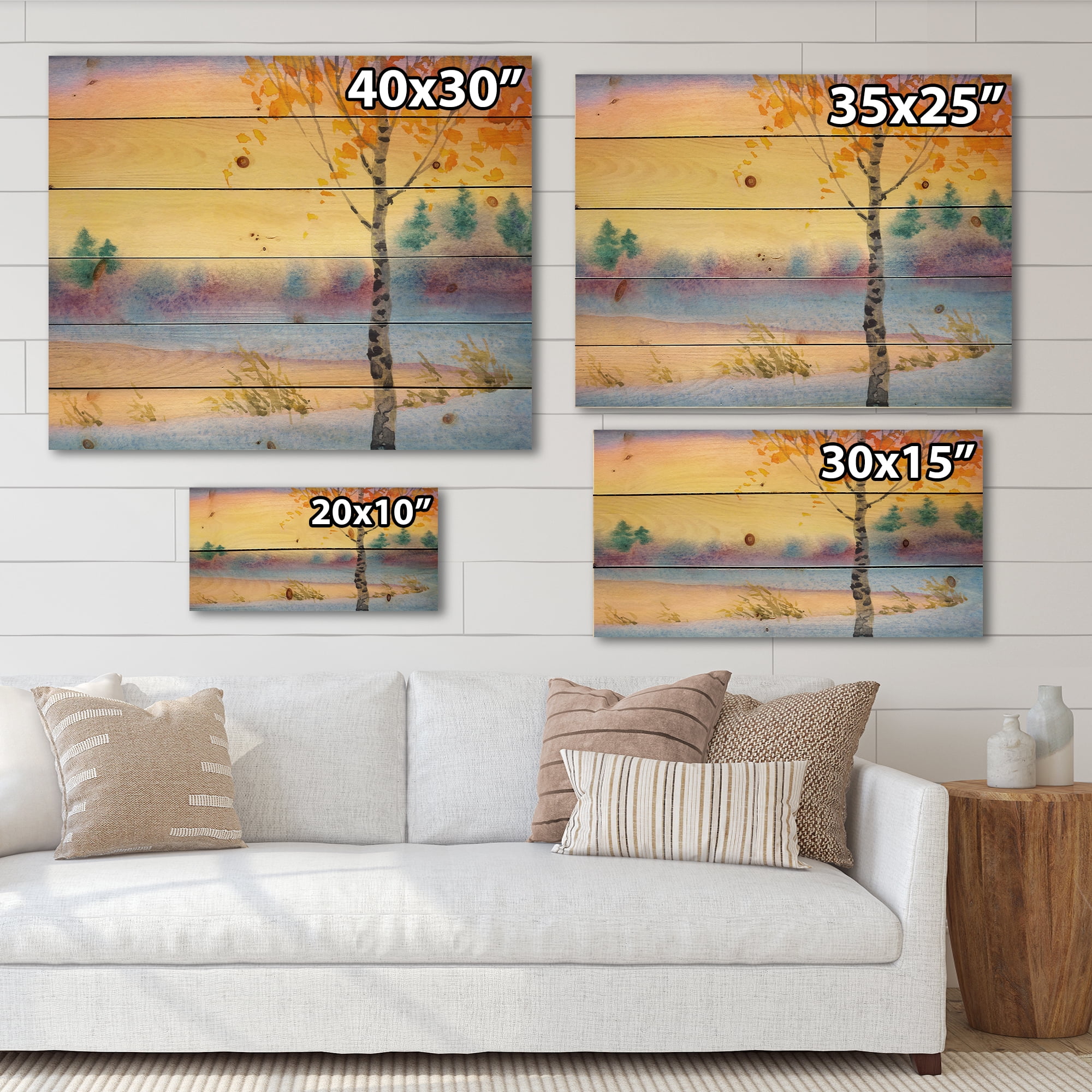 Designart 'Evening Sky Over Lake Winter Landscape' Traditional Print on Natural Pine Wood