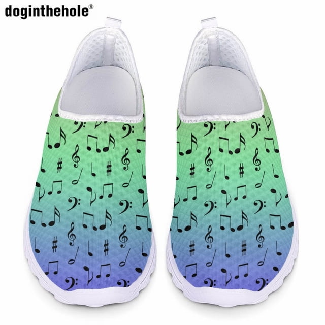 Gradient Color Musical Notation Pattern Print Casual Flat Shoes for Ladies Summer Comfort Breathable Mesh Shoes Slip On Sneakers