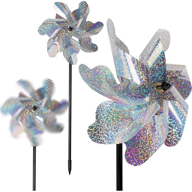 Paquete de 10 molinetes reflectantes brillantes premontados - Rueda de pasador para cegar pájaros - Ahuyentar pájaros y animales - Spinner de viento para patio y jardín