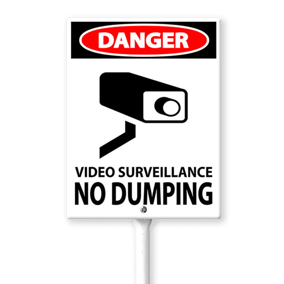 Eveokoki Danger Video Surveillance No Dumping Sign 4.6 x 6 Inch Outdoor Aluminum Yard Signs with Metal Stakes for Private Property Grass Lawn No Trash Dumping