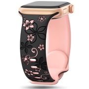 ZYX Floral Engraved Silicone Band for Apple Watch, Women's Cute Flower Sport Strap, Black & Pink, 38mm/40mm/41mm/42mm(Series 10 11)