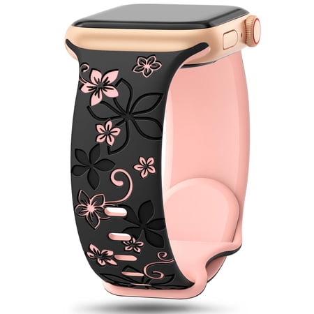 ZYX Floral Engraved Silicone Band for Apple Watch, Women's Cute Flower Sport Strap, Black & Pink, 38mm/40mm/41mm/42mm(Series 10 11)