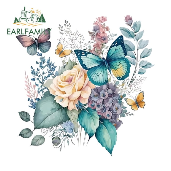 EARLFAMILY 5.1" Butterfly with Flowers Car Stickers Motorcycle Skateboard Suitcase Rearview Mirror Vinyl Decal Fashionable Scratch-Proof Car Label