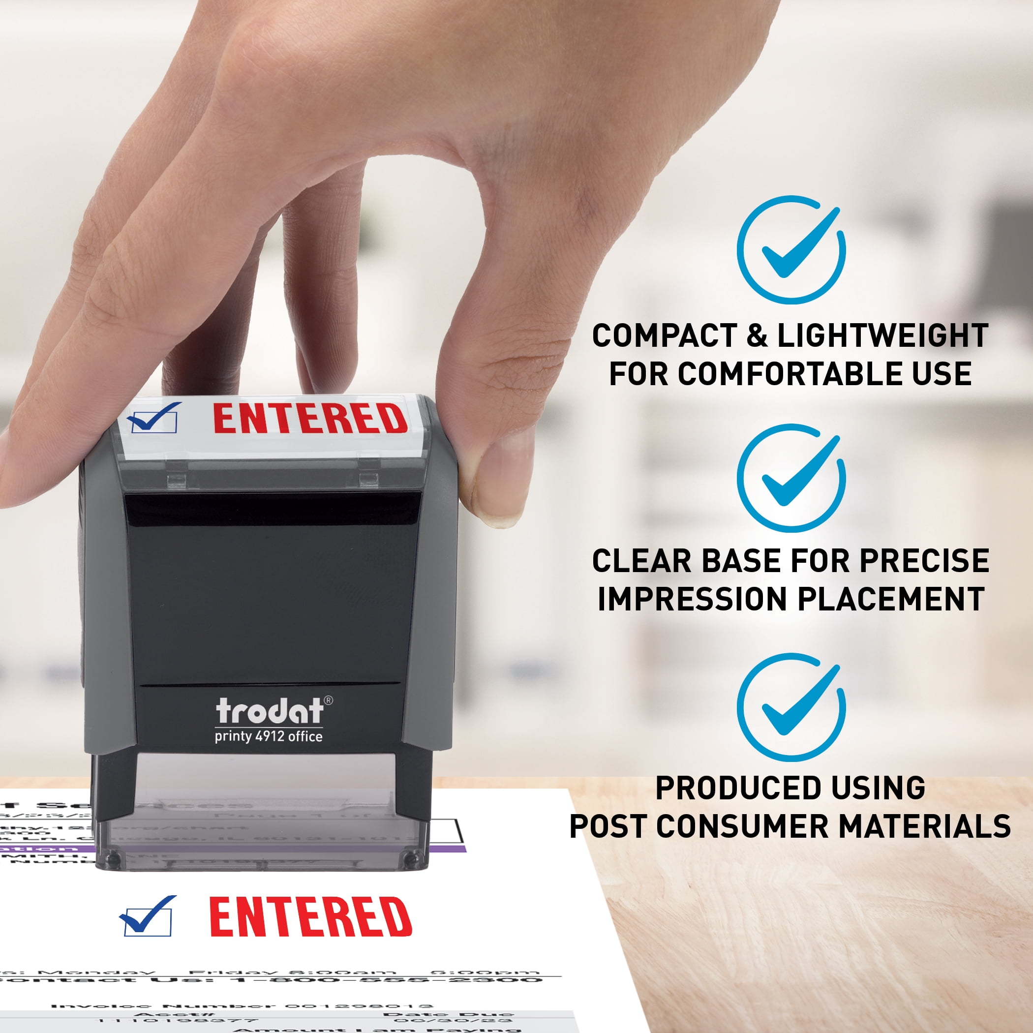 Trodat Stamp 4912 Office Printy with English Text ENTERED – Self Inking, Red and Blue Ink, Impression Size 3/4" x 1-7/8"