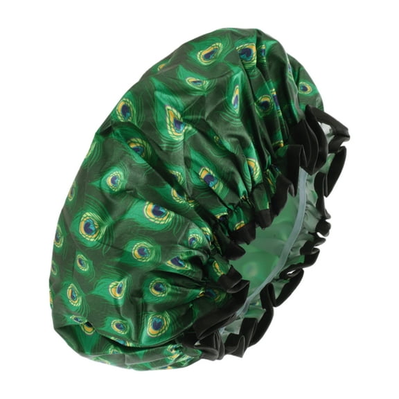 1 Pc Women Double Layer Peacock Pattern Shower Cap for Bathroom Vacation Green Satin PEVA