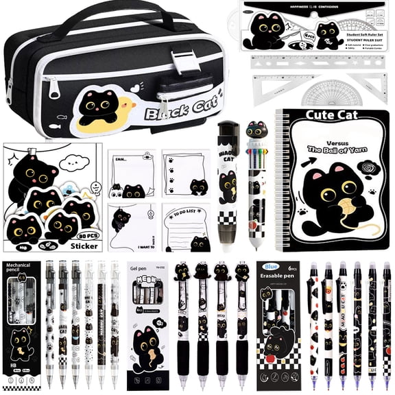Black Cute Cat Stationery Set Including Sticky Notes,Mechanical Pencils,Eraser,Notebook,Stickers, Ruler etc Kawaii Birthday Christmas Gifts Classroom Rewards