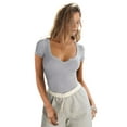 thumbnail image 3 of Women'S Short Sleeve T-Shirts Form Fitting Ribbed Knit V Scoop Neck Basic Crop Top Flower Ash L, 3 of 9