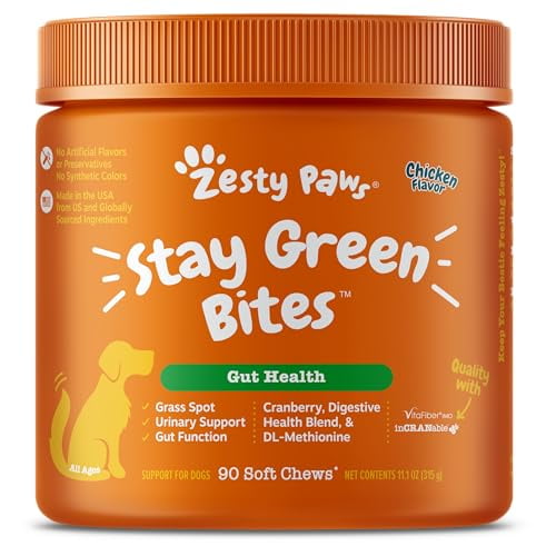 Zesty Paws Stay Green Bites for Dogs - Grass Burn Soft Chews for Lawn Spots Caused by Dog Urine - with Cranberry for Urinary Tract & Bladder - Chicken - 90 Count
