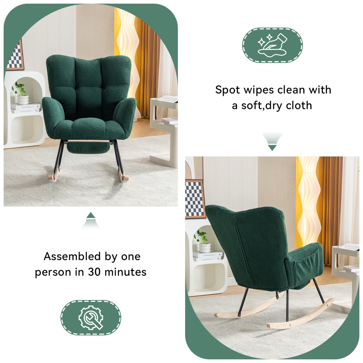 Nursery Rocking Chair Modern Armchair Upholstered Glider Rocking Chair Accent Chair with Retractable Footrest Reading Chair with High Backrest Solid Wood Base for Bedroom, White, Teddy