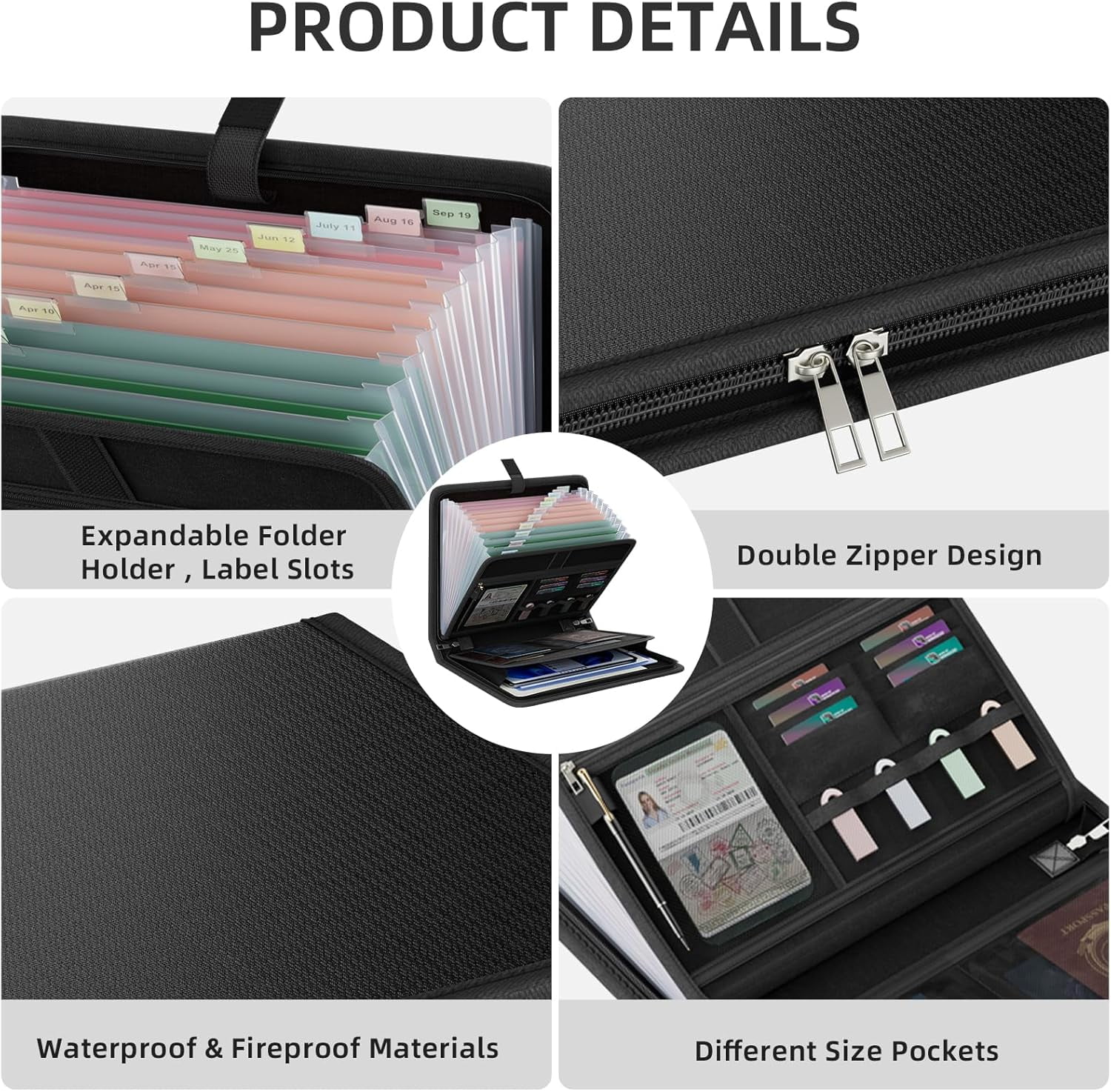 Gijjgole Fireproof Accordion File Organizer, Portable Expanding File Folder with Waterproof Zipper&Labels, Black Document Organizer with 13 Pockets, File Organizer for Important Document/Paper