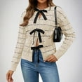 thumbnail image 3 of Byworldtasic Womens Sweaters Womens Striped Tie Front Cardigan Sweaters Crew Neck Long Sleeve Cable Knit Bow Knot Trendy Sweater Tops Beige, 3 of 9