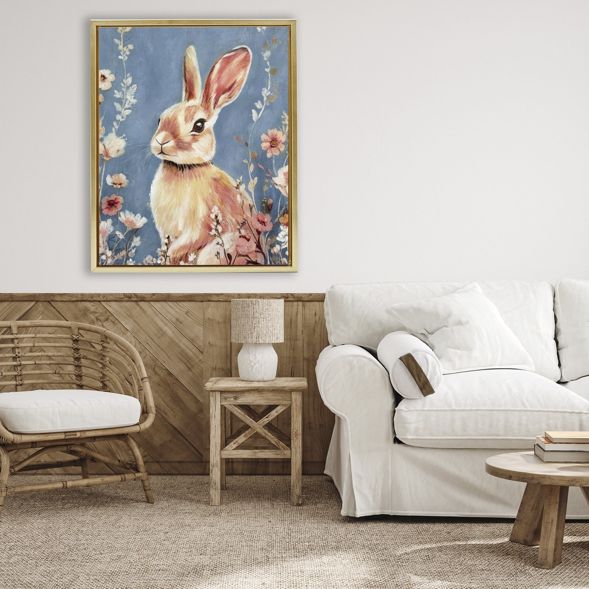 Stupell Industries Whimsical Rabbit on Blue Gold Framed Floater Canvas Wall Art, design by Sara Culpepper