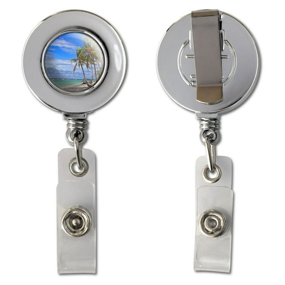 Tropical Beach - Island Sky Clouds Vacation Retractable Reel Chrome Badge ID Card Holder