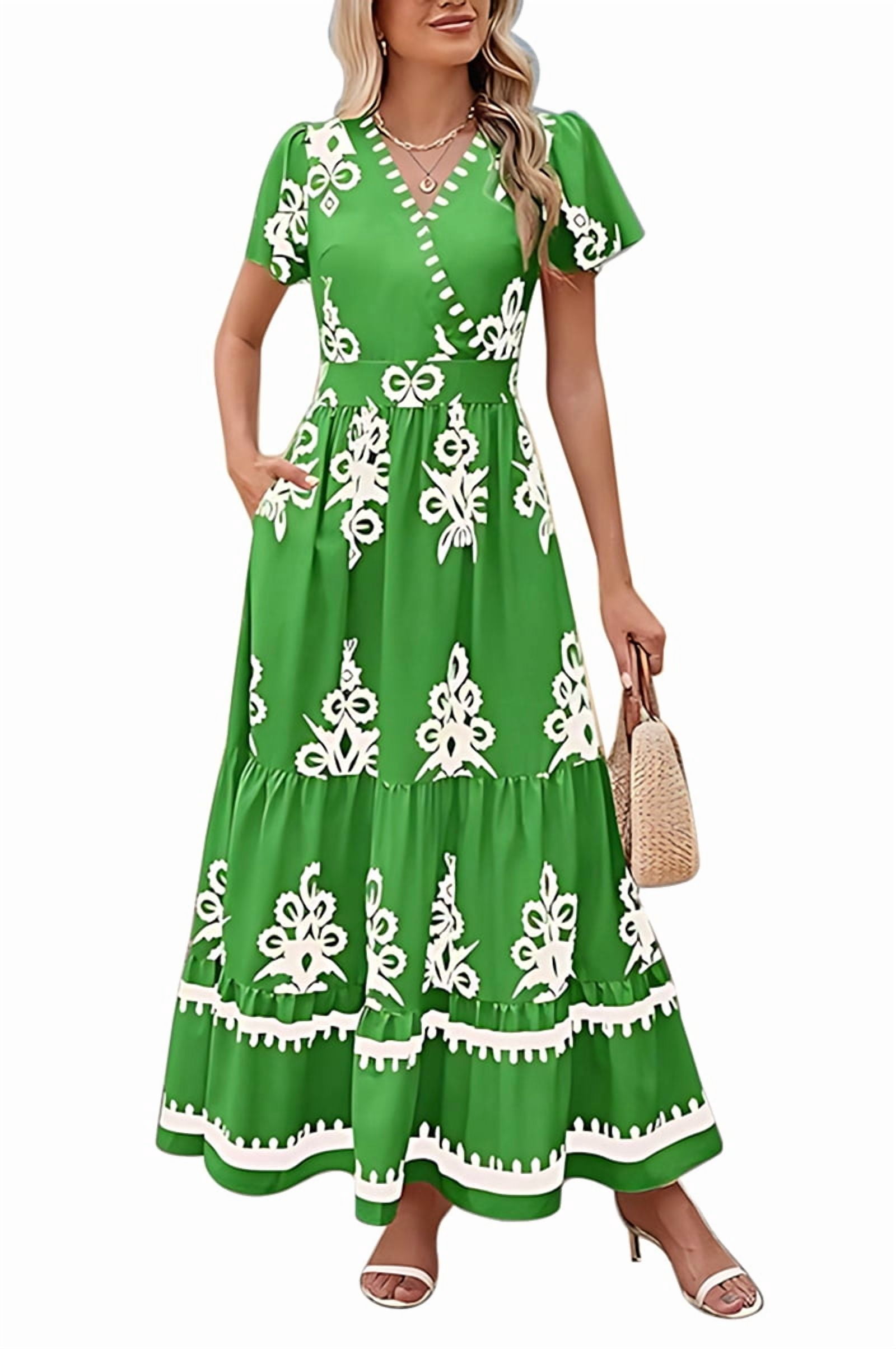 Womens 2025 Summer Casual V Neck Boho Maxi Dress Flowy Aline Bell Sleeve Tiered Floral Dresses with Pocket Green XXL
