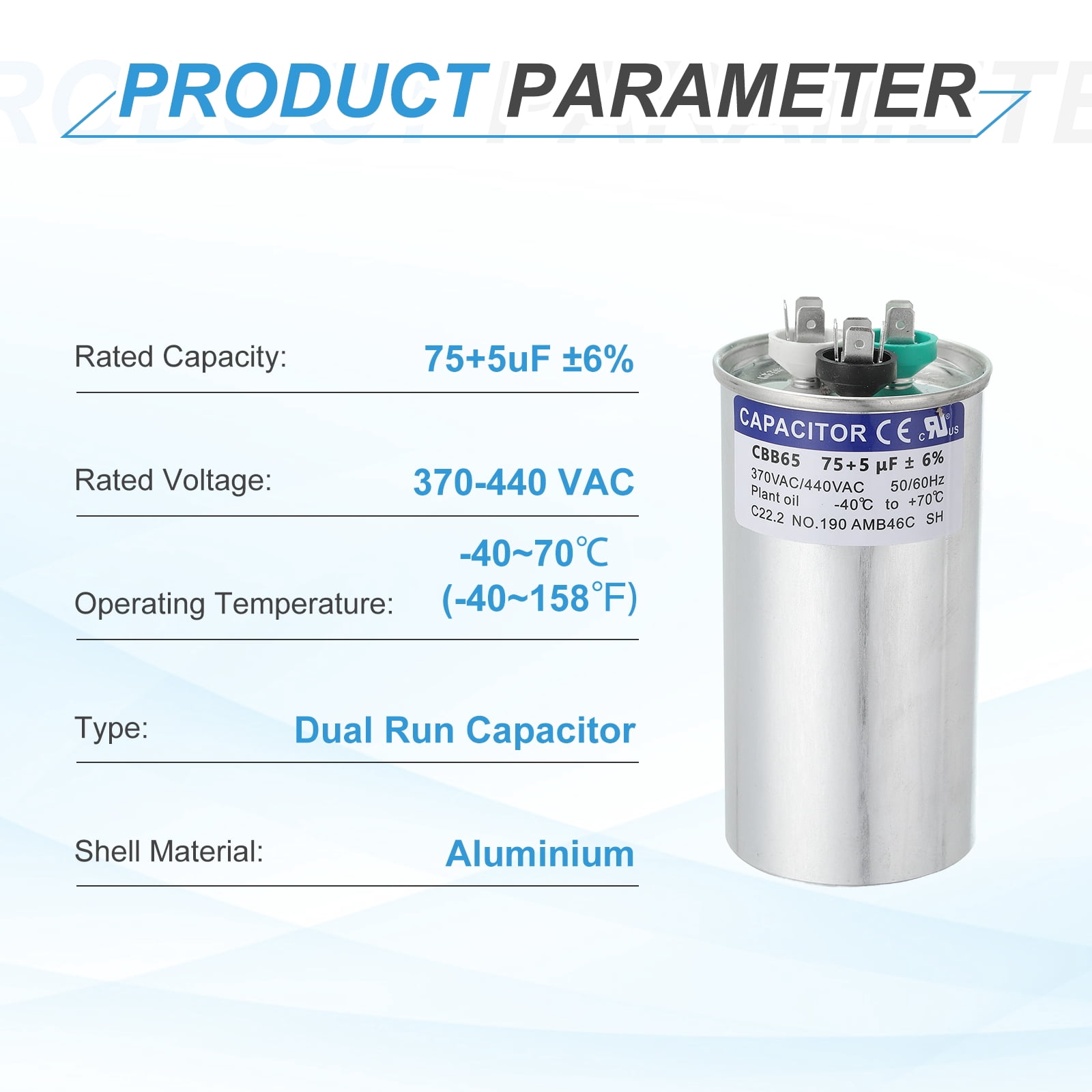Uxcell CBB65 Capacitor, 75+5uF 370-440 VAC 50/60Hz Aluminium CBB65 Air Conditioner Motor Starting Round Capacitor for HVAC Systems, Air Conditioner, Heat Pump