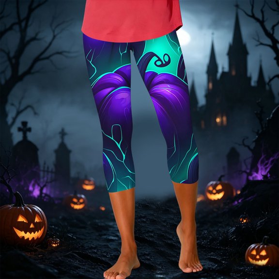 JOANKDMI High Waisted Cropped Leggings for Women Magic Purple Pumpkin Print Yoga Capris Tummy Control Workout Pants Athletic Tights for Gym Fitness
