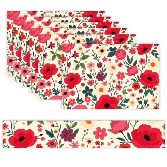 7 Piece Linen Table Runner and Placemats Set, Bright Floral Garden Round Corner Heat Resistant Washable Table Mats for Home Kitchen Dining Party Decoration