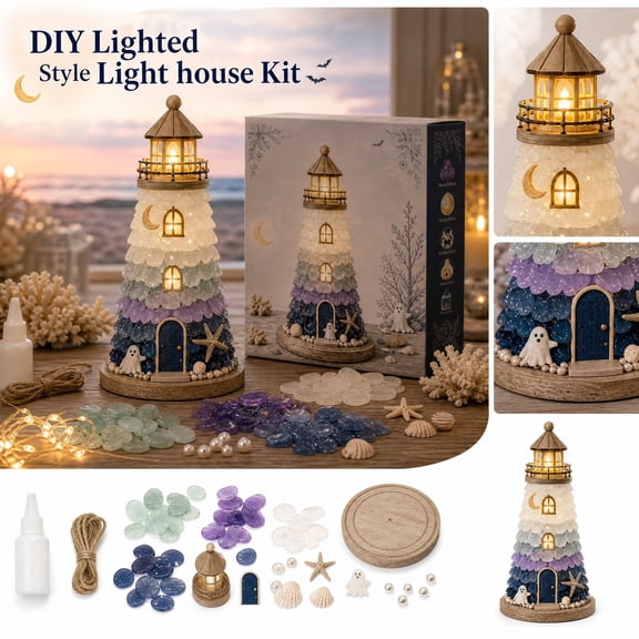 Sea Glass Art Kit Lighted Haunted Seaside Lighthouse Kit Complete Craft Set With Twilight Sea Glass Style Pieces Ghost Moon Decor LED Lights Step by Step Guide Gift For Craft Lovers