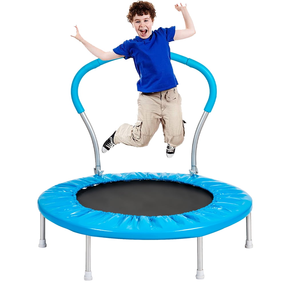 36" Kids Indoor Trampoline, Small Toddler Trampoline for Boys Girls, Kids Trampoline Little Trampoline with Handrail and Safety Padded Cover, Mini Foldable Rebounder Fitness Trampoline, Blue, Q14364