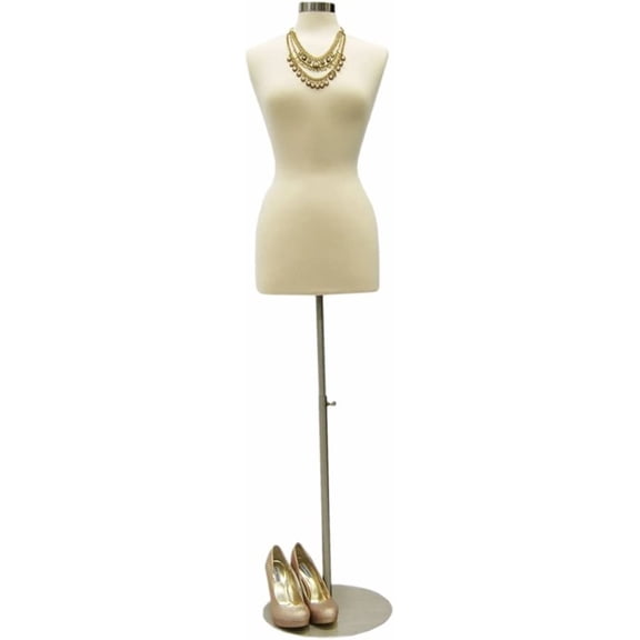Female Mannequin Dress Form Torso with Round Metal Base and Neck Cap - Off White Premium Fully Pinnable Women's Dress Form #F6/8W BS-04